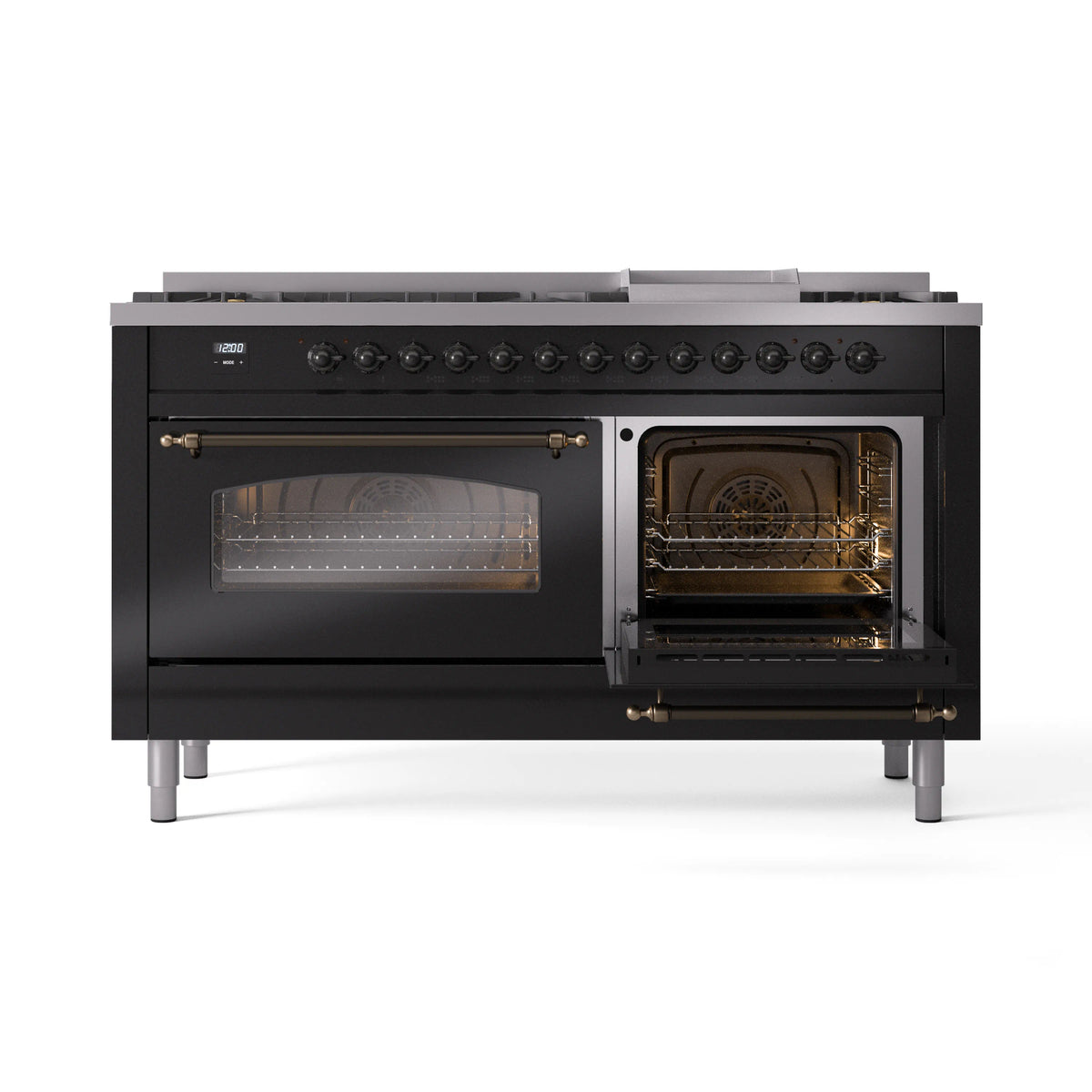 Glossy black dual fuel range with both oven doors open, displaying interior oven racks
