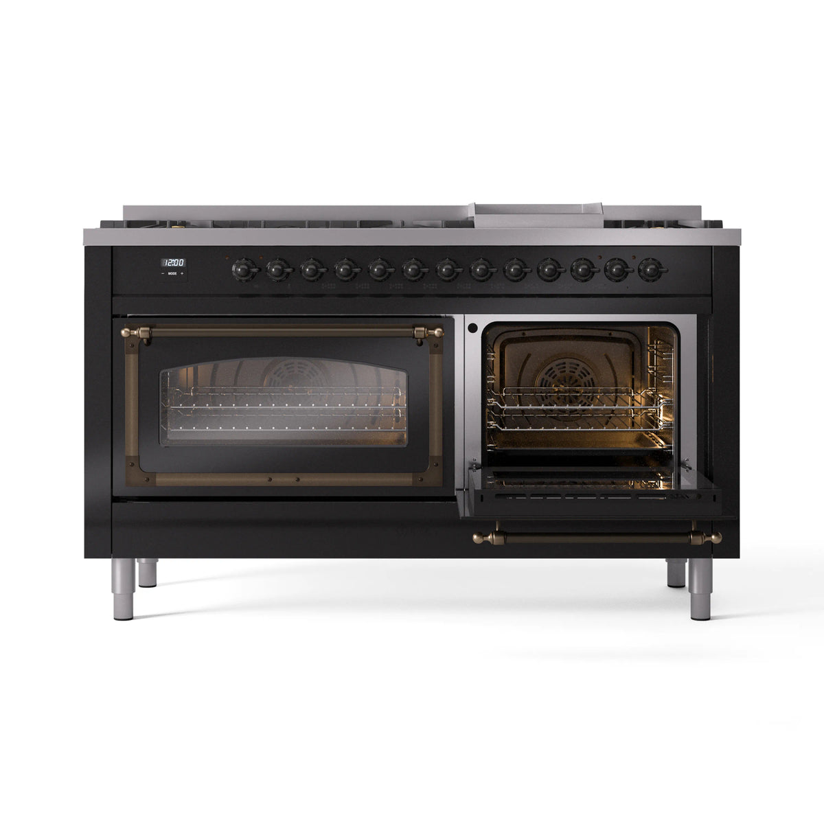 ILVE dual fuel range with two open oven doors and lit racks, glossy black and bronze