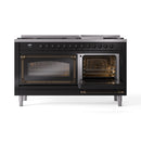 ILVE 60-Inch Nostalgie II Noblesse Propane Gas Dual Fuel Range with 9 Sealed Burners, Griddle, Triple Glass Door Oven in Glossy Black with Bronze Trim (UN60FNMPBKBLP)