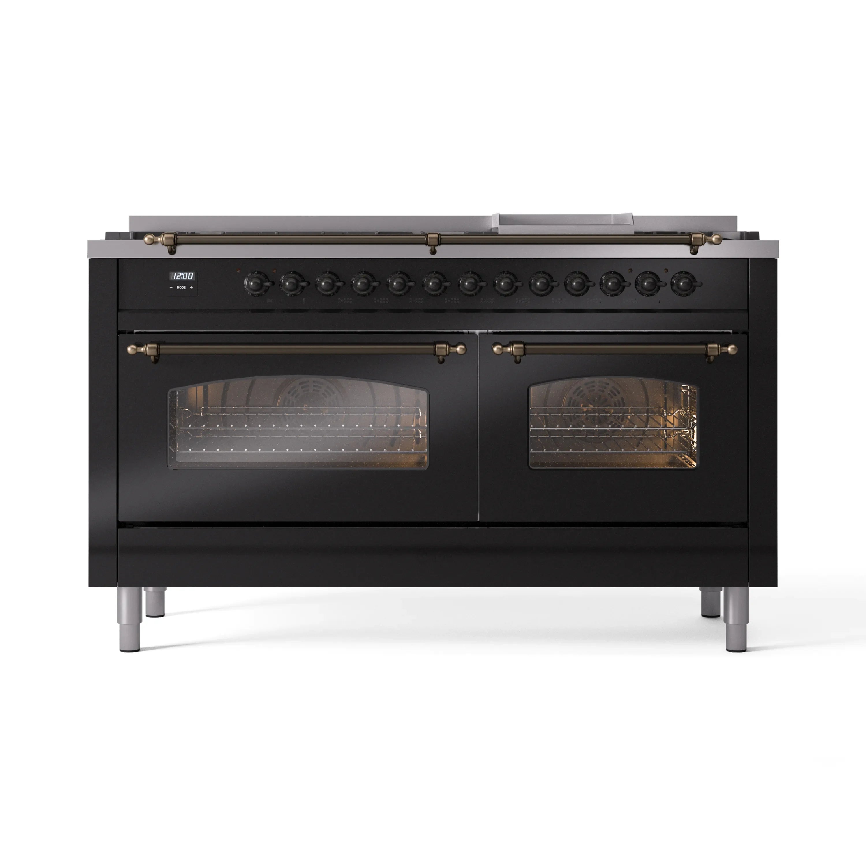 Glossy black range with bronze trim, two oven doors with glass windows and controls
