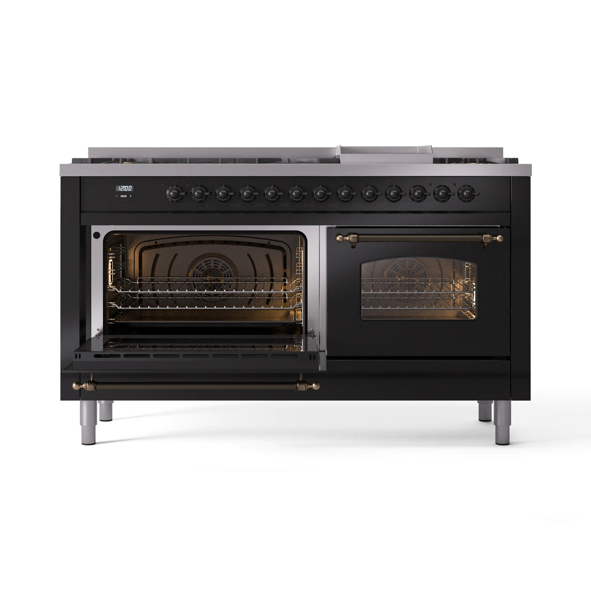 Dual fuel range with burners and open oven door, showing interior racks and fan