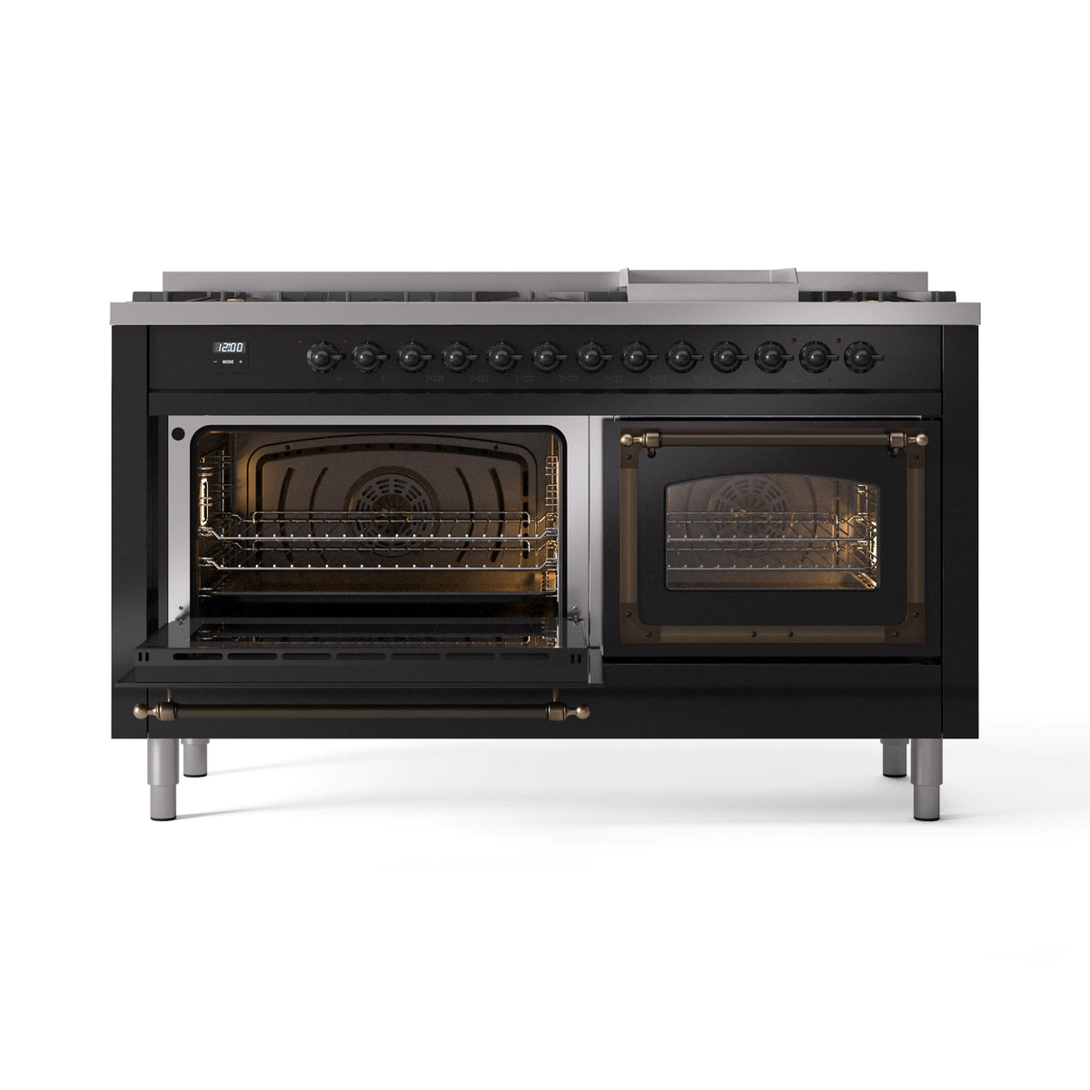 ILVE dual fuel range with both ovens open, glowing heating elements, glossy black and bronze