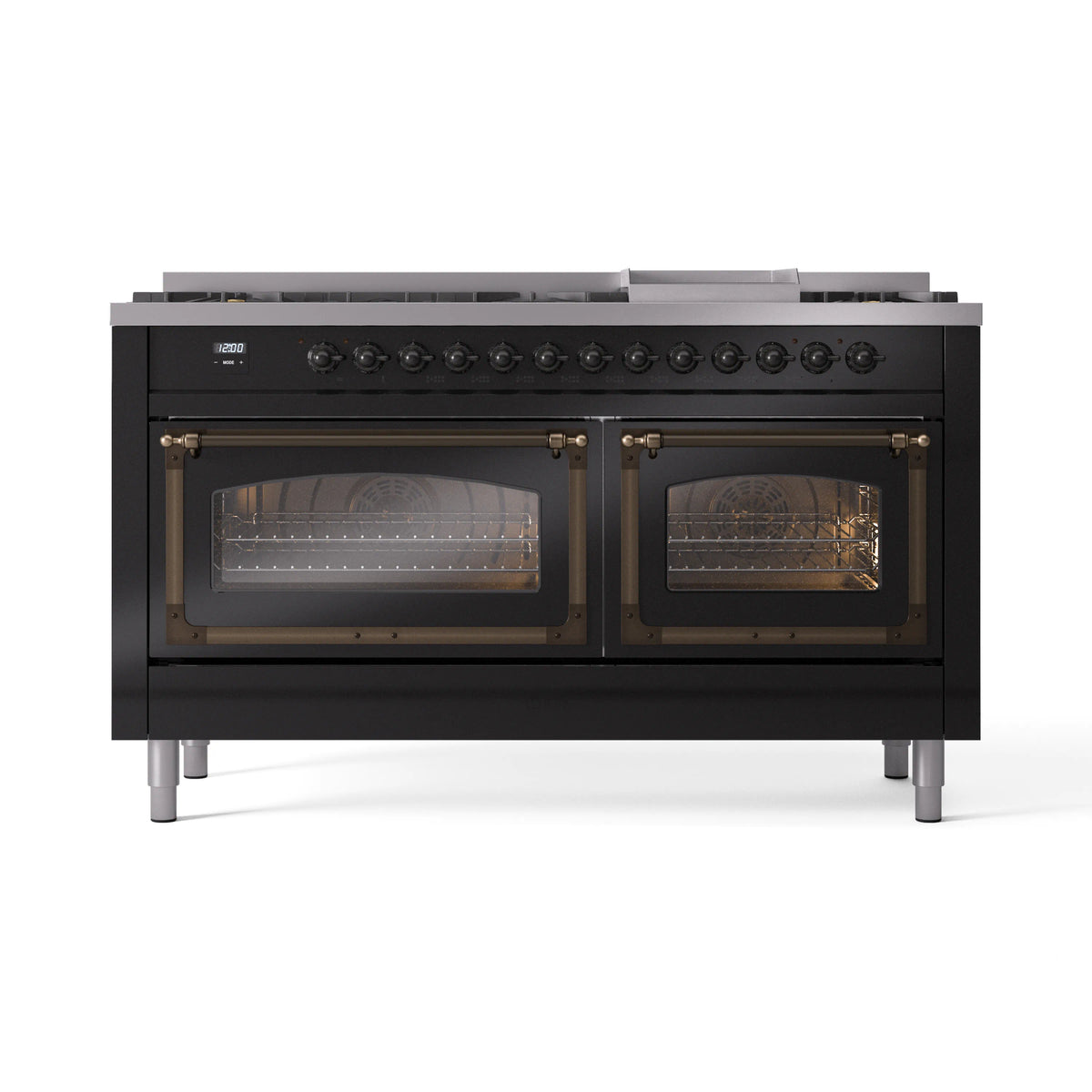 ILVE dual fuel range with glass oven doors closed, glossy black finish and bronze trim
