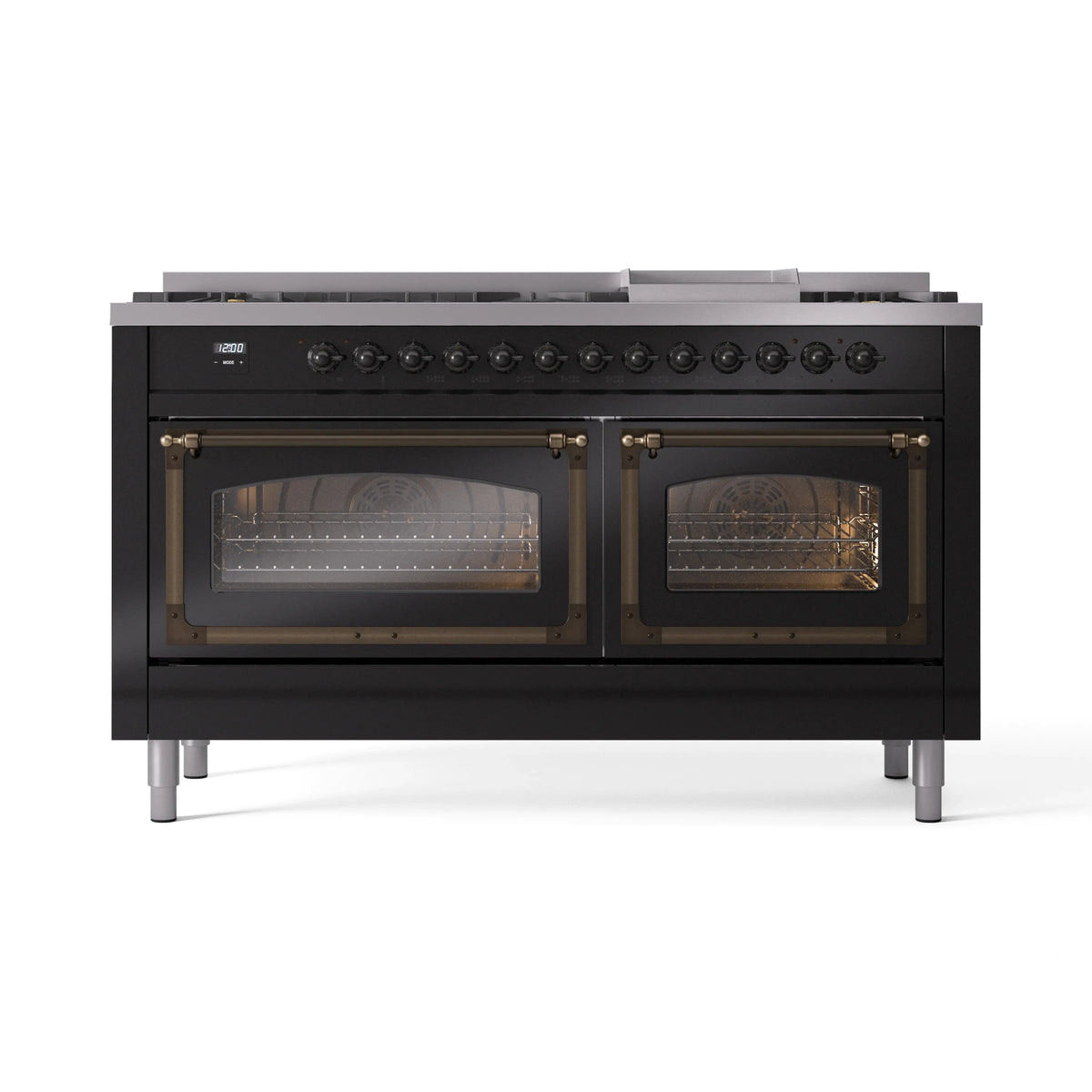 Black range with bronze-framed glass oven doors and rows of stovetop control knobs