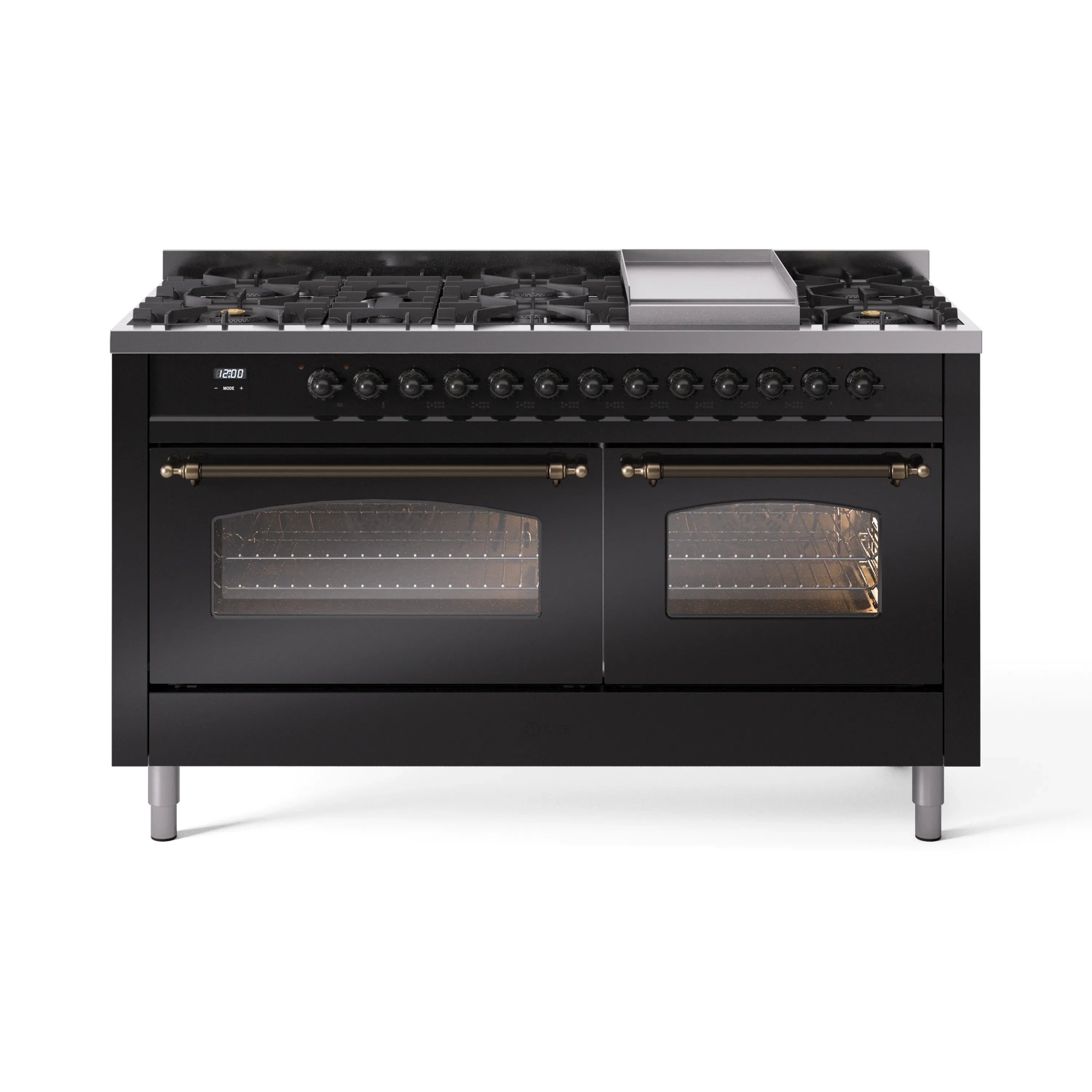 Glossy black range with bronze trim, two glass oven doors and burner knobs