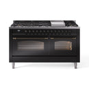 ILVE 60-Inch Nostalgie II Propane Gas Dual Fuel Range with 9 Burners, Griddle and Triple Glass Door Oven in Glossy Black with Bronze Trim (UP60FNMPBKBLP)