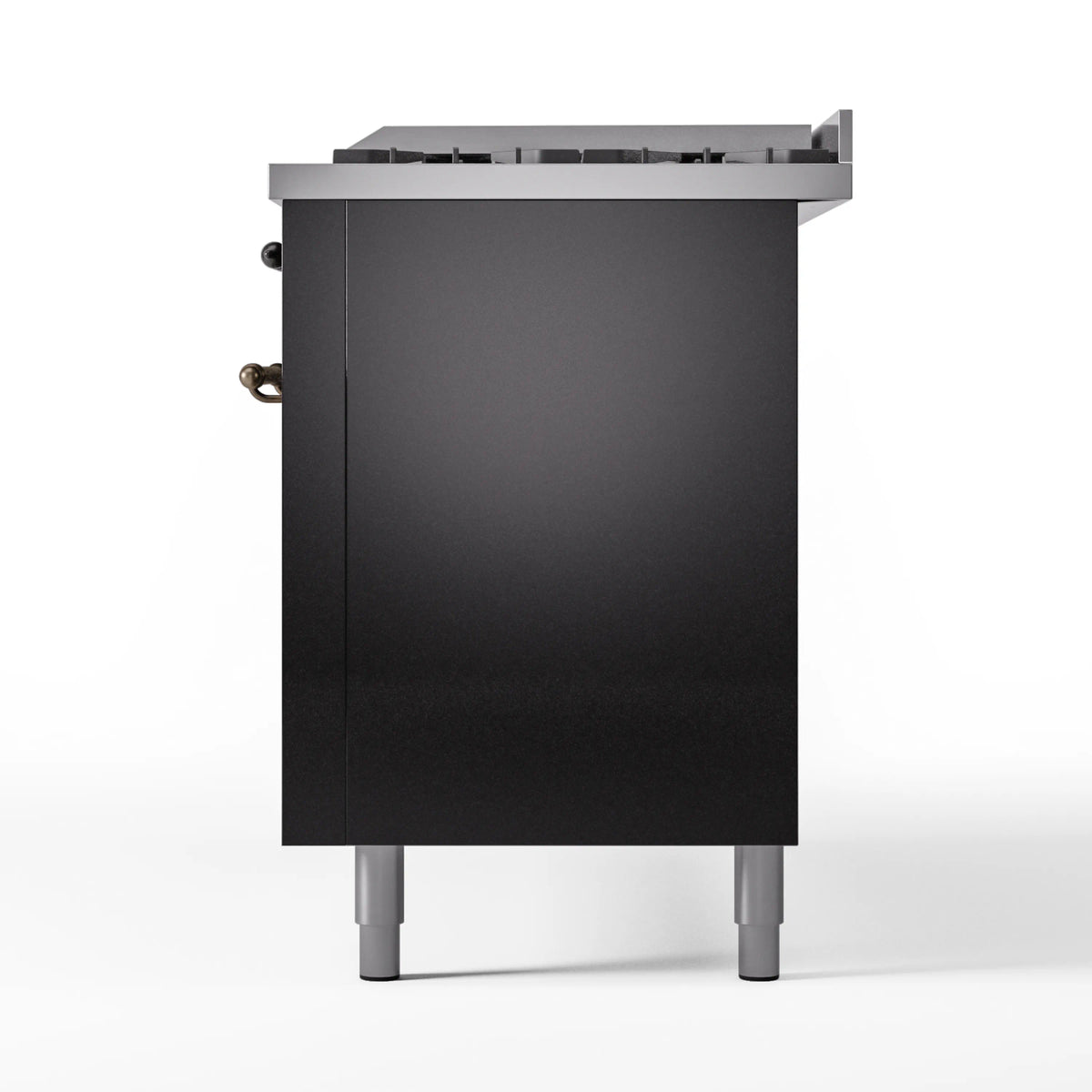 Back view of glossy black range with rear hardware and two adjustable legs