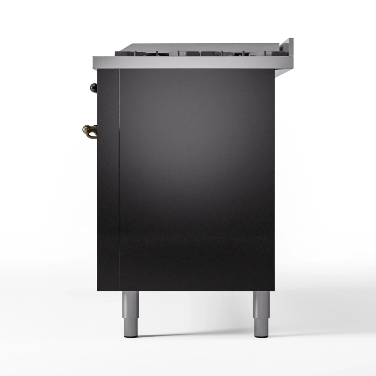 Glossy black range rear side panel with bronze handle detail and adjustable legs