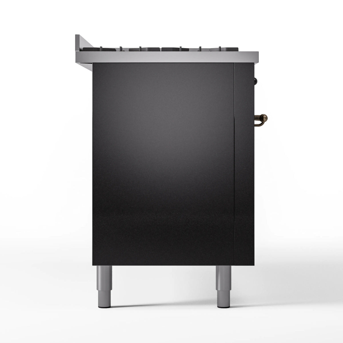 Rear view of glossy black range with burner grates along the top edge and two legs
