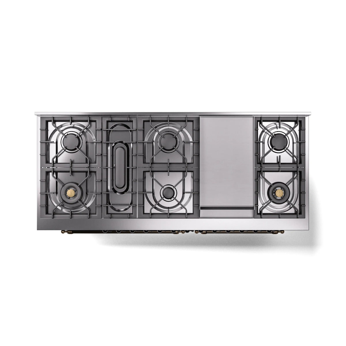 Gas burner manifold layout with grates and control components for range cooktop