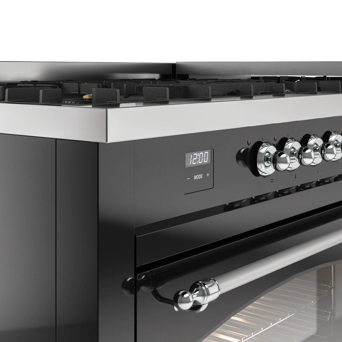 Glossy black range control panel with digital display and chrome burner knobs