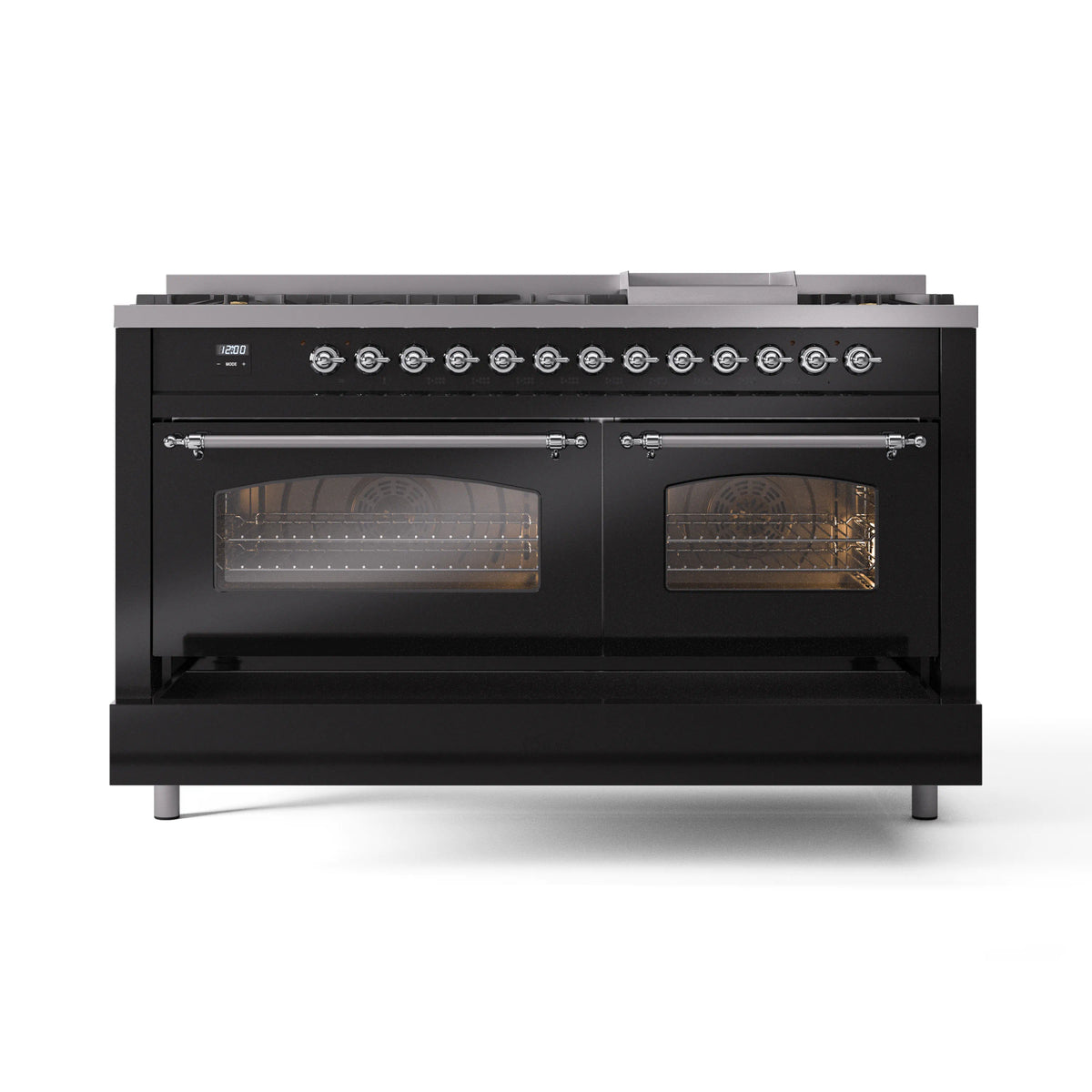 Glossy black dual-fuel range with chrome trims and two glass oven windows