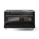 ILVE 60-Inch Nostalgie II Propane Gas Dual Fuel Range with 9 Burners, Griddle and Triple Glass Door Oven in Glossy Black with Chrome Trim (UP60FNMPBKCLP)