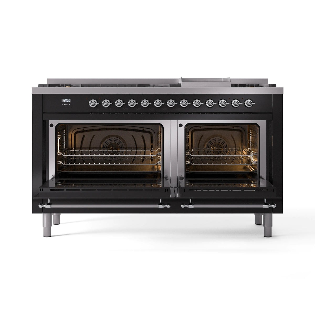 Glossy black range with both oven doors open showing lit interior and racks