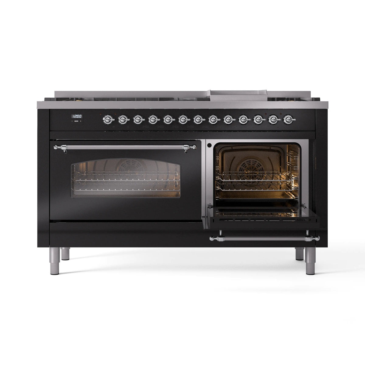 Glossy black range with one oven open and the other lit through glass door