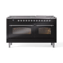ILVE 60-Inch Nostalgie II Natural Gas Dual Fuel Range with 9 Burners, Griddle and Triple Glass Door Oven in Glossy Black with Chrome Trim (UP60FNMPBKC)
