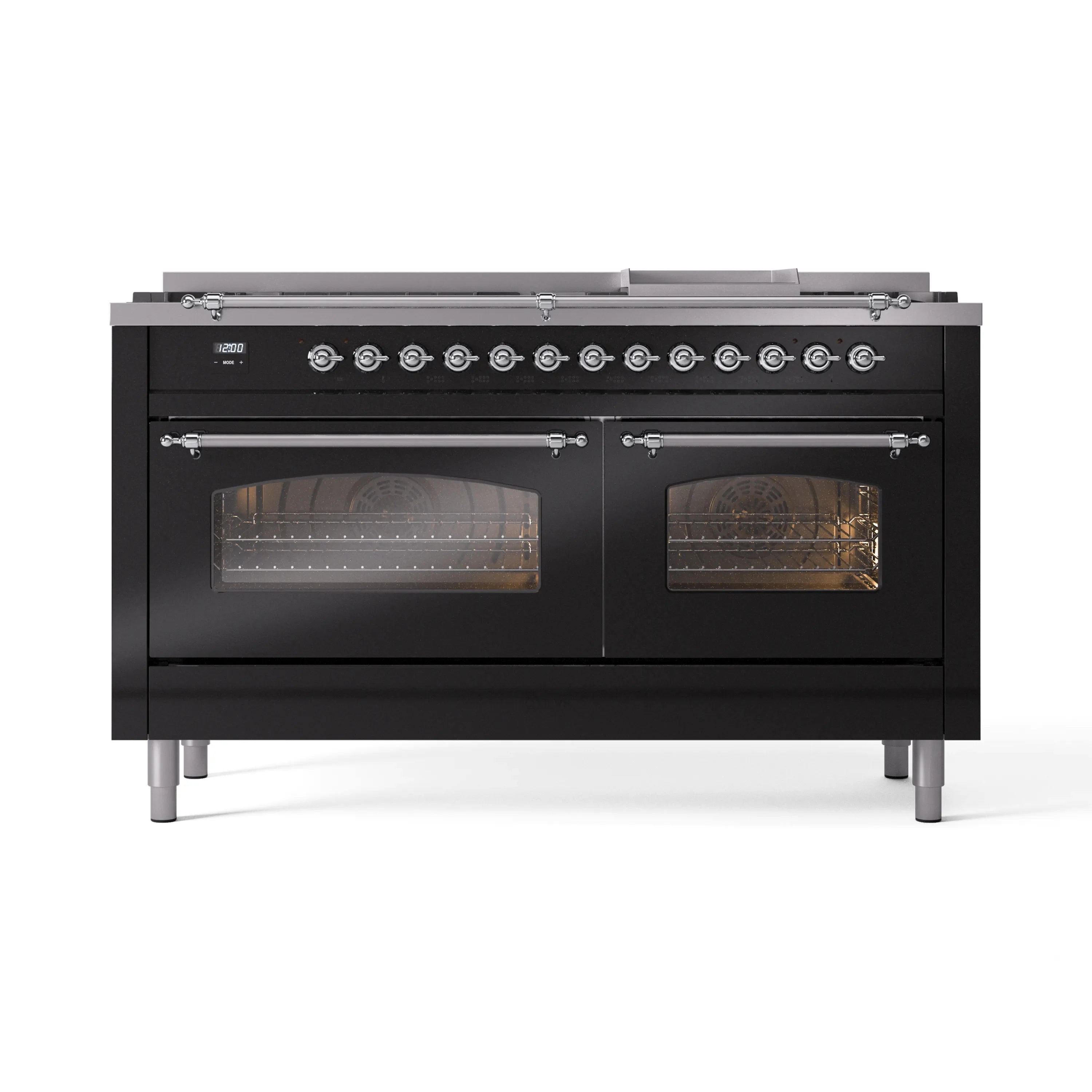 Glossy black dual-fuel range with chrome trim, griddle, and three glass oven doors