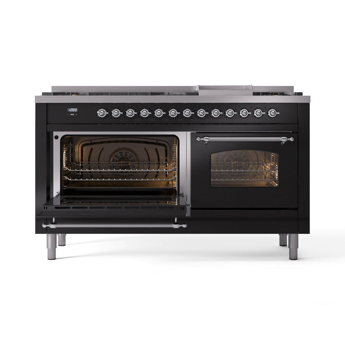Glossy black dual-fuel range with both oven doors open and metal racks inside