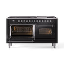 ILVE 60-Inch Nostalgie II Propane Gas Dual Fuel Range with 9 Burners, Griddle and Triple Glass Door Oven in Glossy Black with Chrome Trim (UP60FNMPBKCLP)