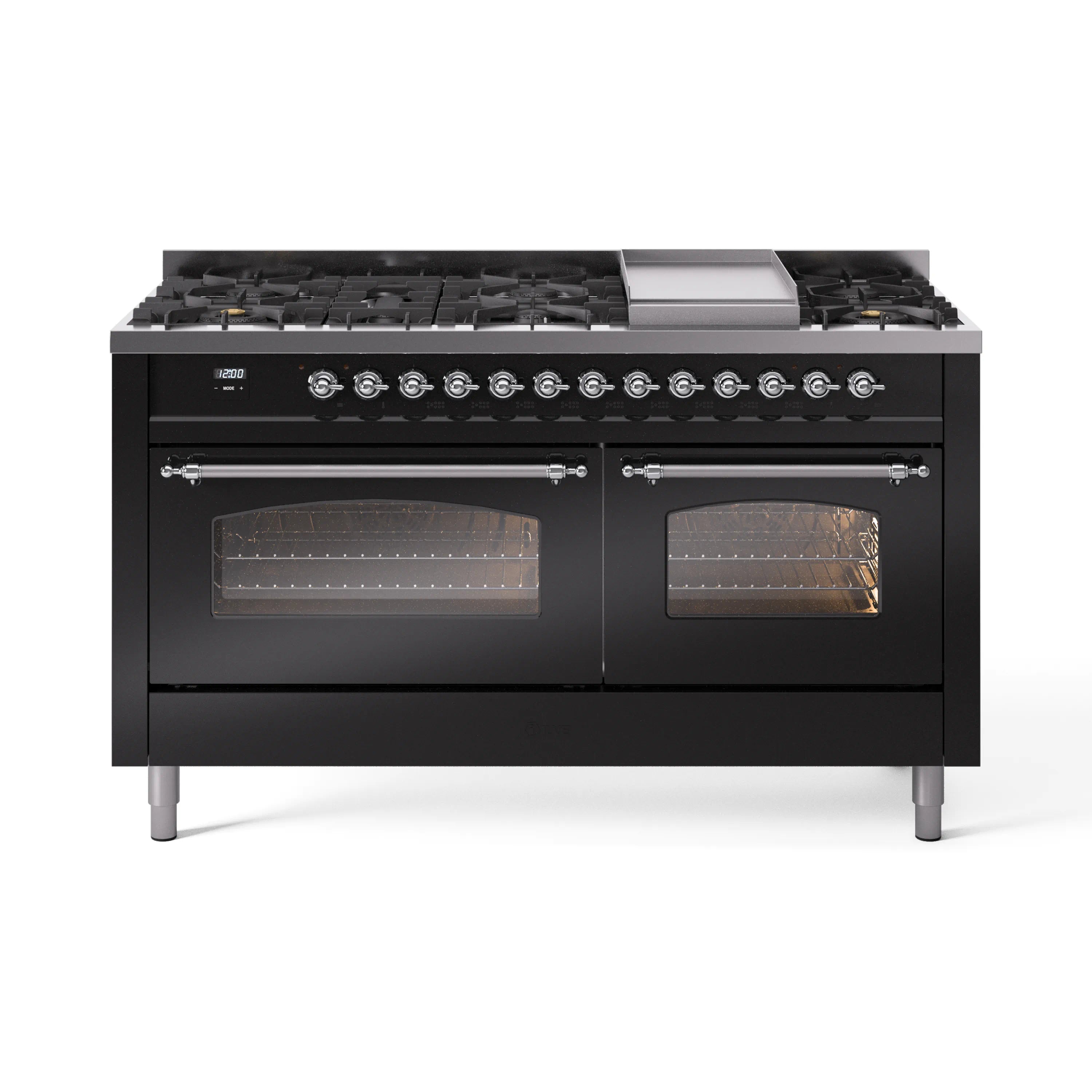 Glossy black dual-fuel range with chrome trim, griddle, and triple glass oven doors