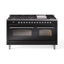 ILVE 60-Inch Nostalgie II Propane Gas Dual Fuel Range with 9 Burners, Griddle and Triple Glass Door Oven in Glossy Black with Chrome Trim (UP60FNMPBKCLP)