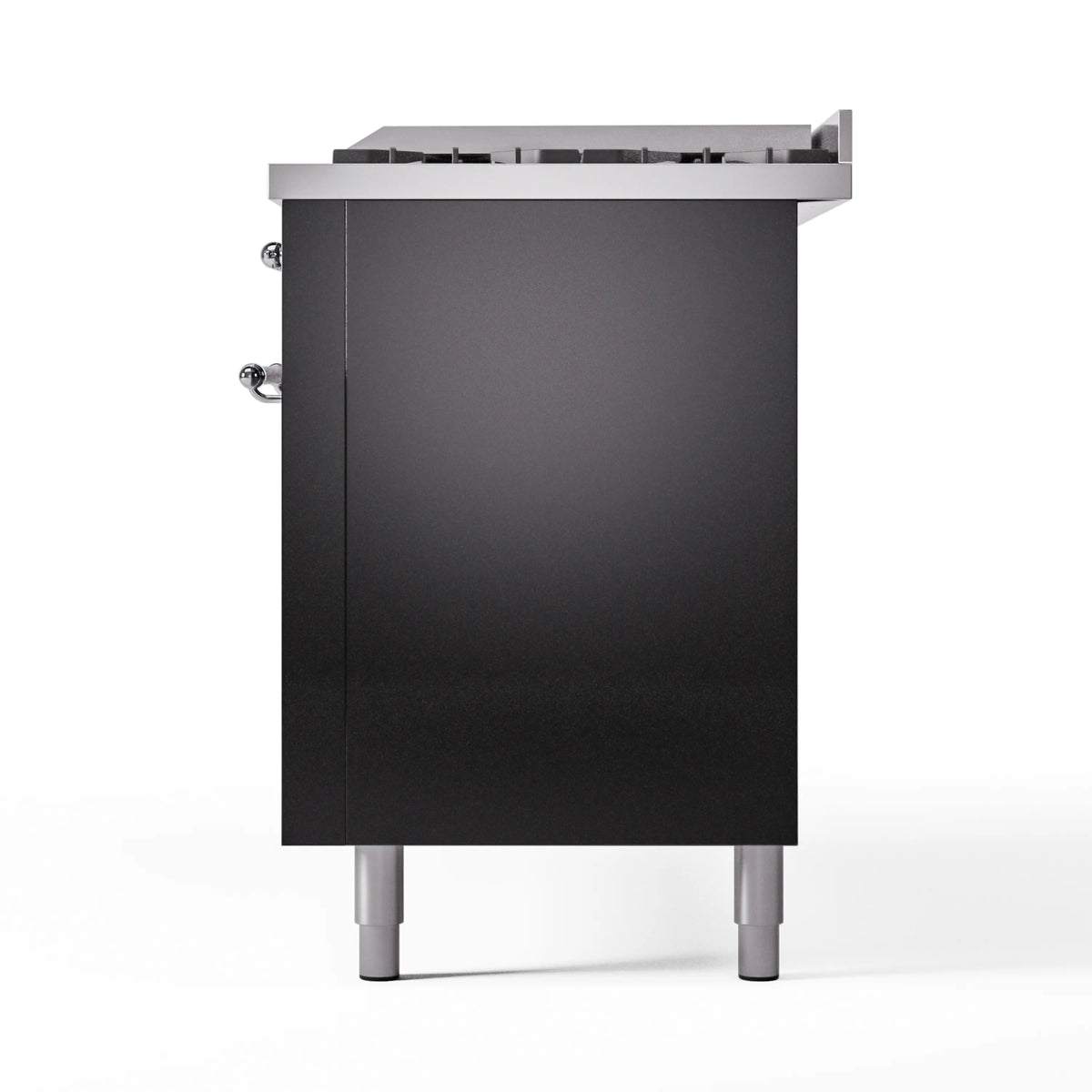 Glossy black range side panel with chrome handle and four adjustable feet