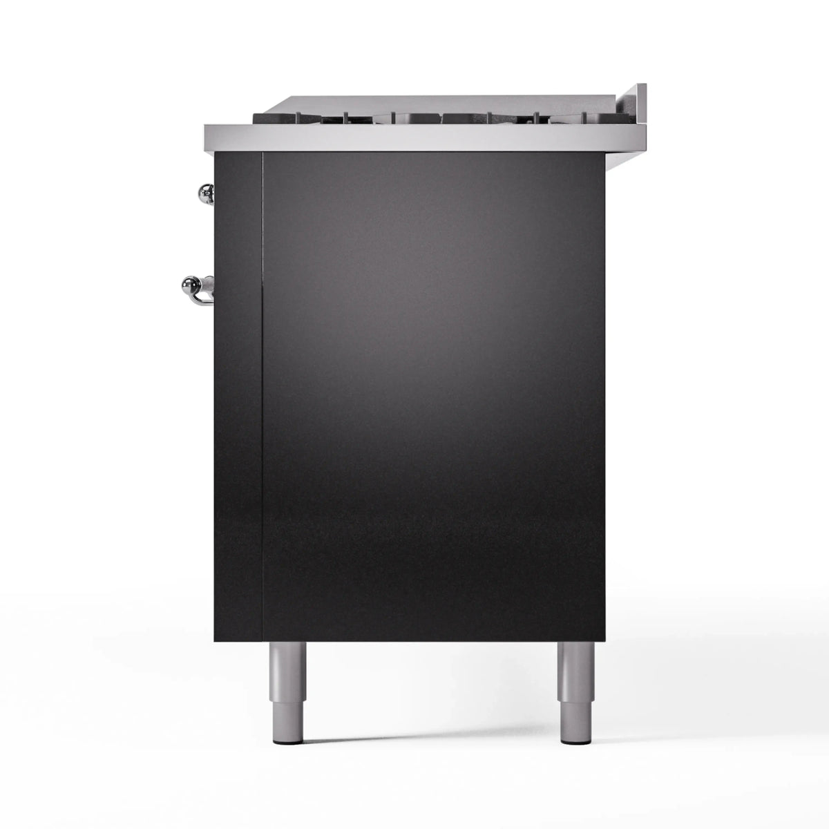Glossy black range side panel with chrome handle and legs