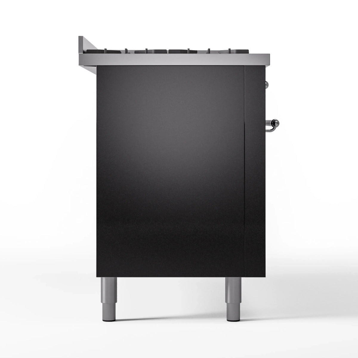 Glossy black range rear side panel with chrome handle and adjustable legs