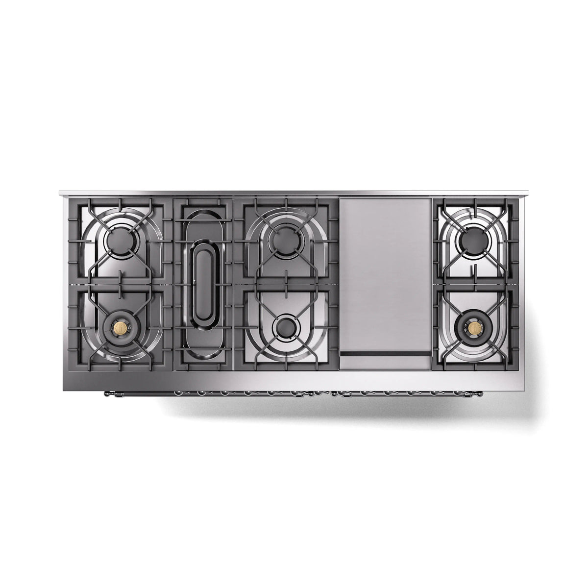 Glossy black gas cooktop with four burners and cast grates