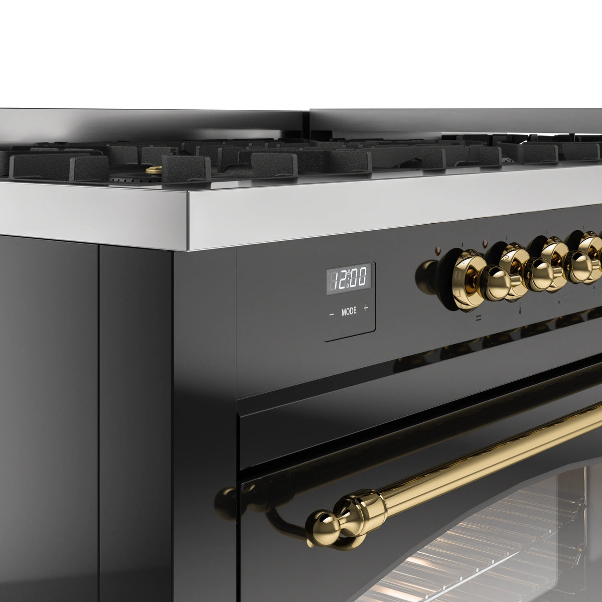 Black control panel with brass knobs and digital clock, with burner grates above