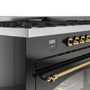 ILVE 60-Inch Nostalgie II Propane Gas Dual Fuel Range with 9 Burners, Griddle and Triple Glass Door Oven in Glossy Black with Brass Trim (UP60FNMPBKGLP)