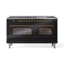 ILVE 60-Inch Nostalgie II Propane Gas Dual Fuel Range with 9 Burners, Griddle and Triple Glass Door Oven in Glossy Black with Brass Trim (UP60FNMPBKGLP)