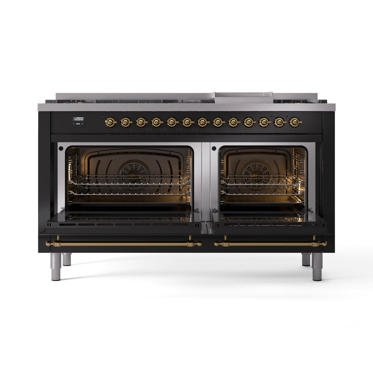 Glossy black dual-fuel range with brass trim; both ovens open with heating elements visible
