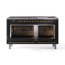 ILVE 60-Inch Nostalgie II Propane Gas Dual Fuel Range with 9 Burners, Griddle and Triple Glass Door Oven in Glossy Black with Brass Trim (UP60FNMPBKGLP)