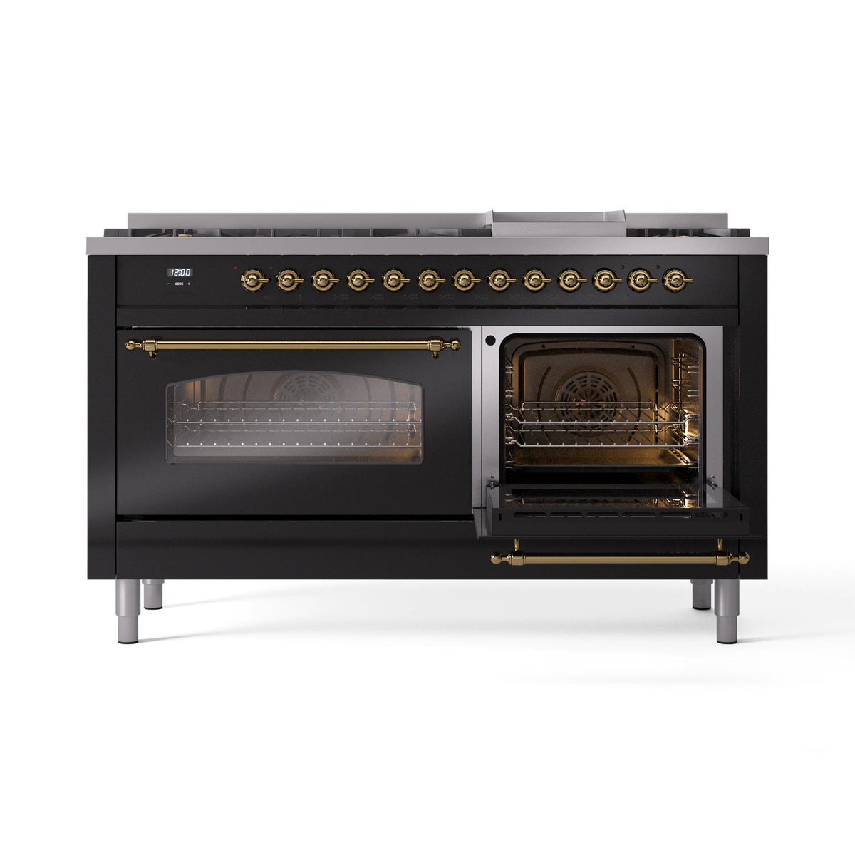 Glossy black dual-fuel range with one oven door open and illuminated interior racks
