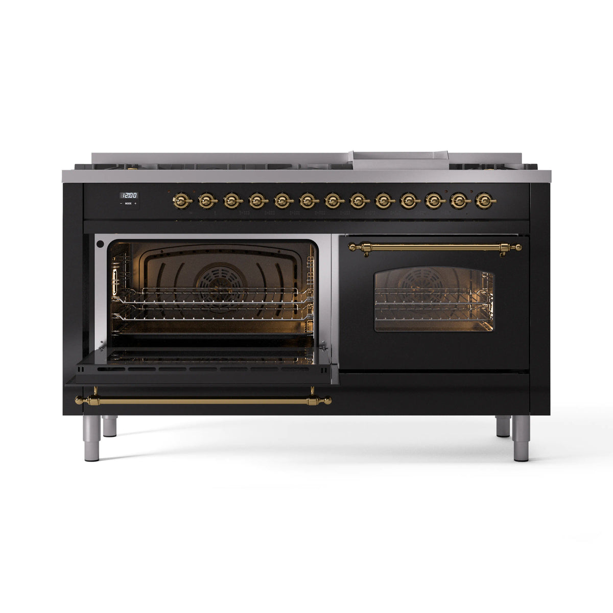 Glossy black dual-fuel range with brass trim; both ovens open and interior racks visible