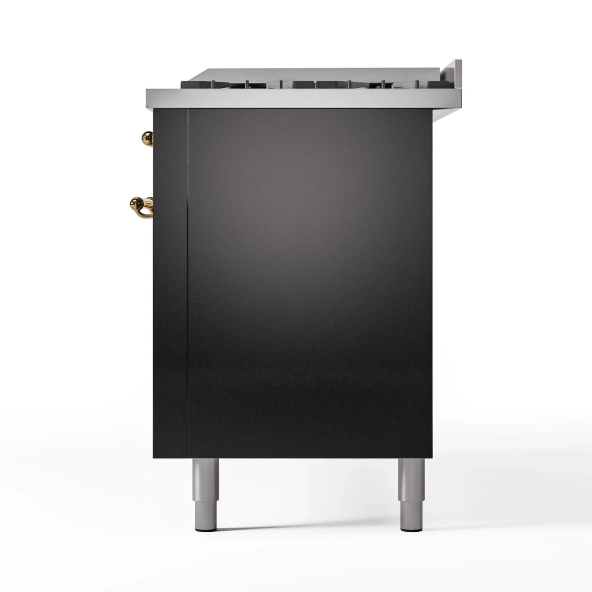 Glossy black range side panel with brass handle and light gray leveling legs