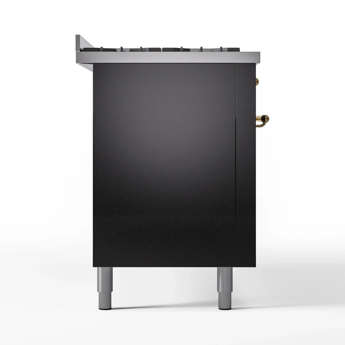 Glossy black range end panel with brass knob detail and light gray leveling legs