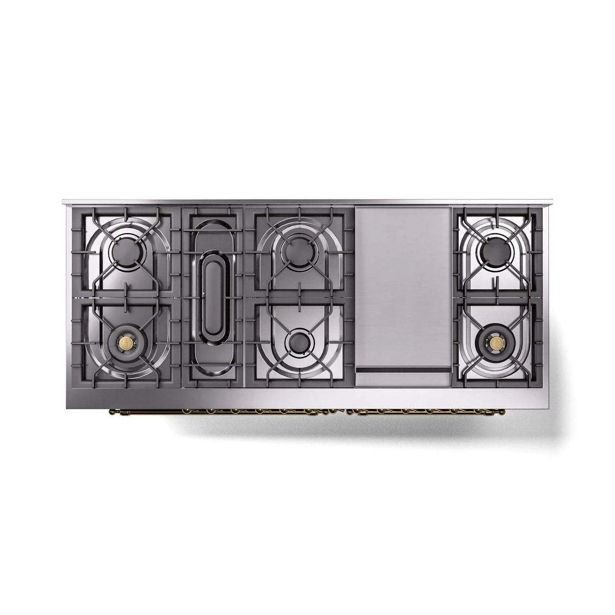 Black cooktop burner layout with metal grates and brass trim details