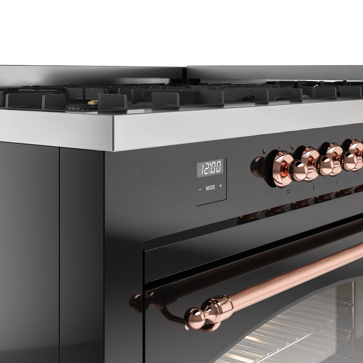 Close-up of glossy black dual fuel range control panel with copper knobs and display.