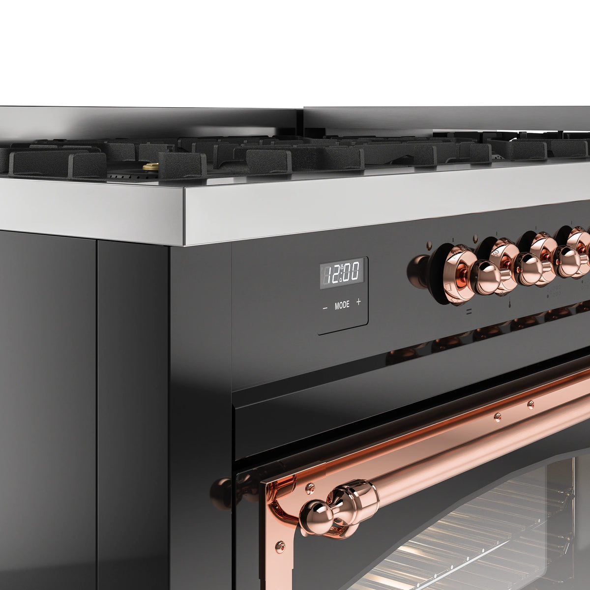 Dual fuel range control panel with copper knobs and digital display on glossy black