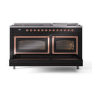 ILVE 60-Inch Nostalgie II Noblesse Propane Gas Dual Fuel Range with 9 Sealed Burners, Griddle, Triple Glass Door Oven in Glossy Black with Copper Trim (UN60FNMPBKPLP)