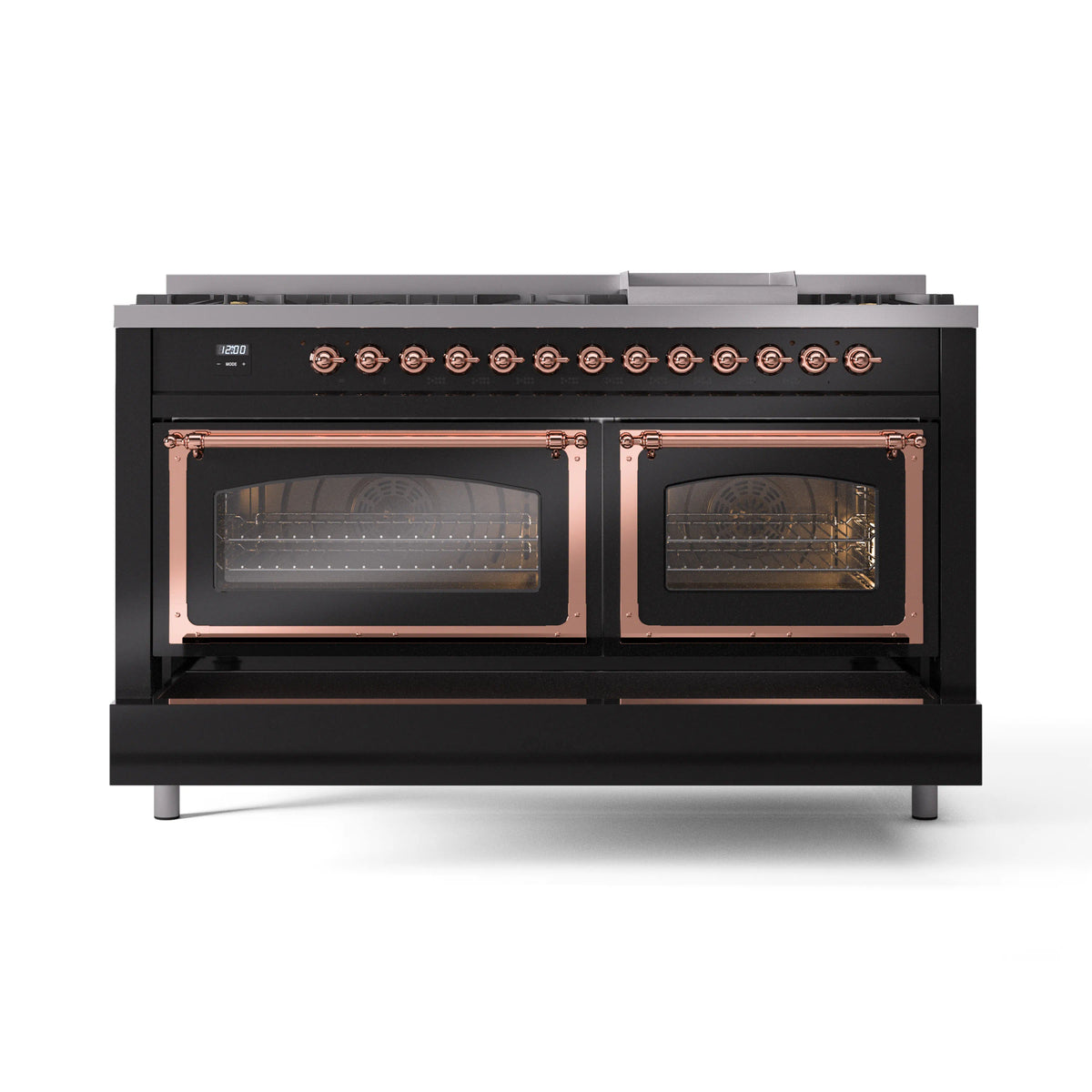 Black dual fuel range with copper-trimmed double ovens, closed doors and front knobs