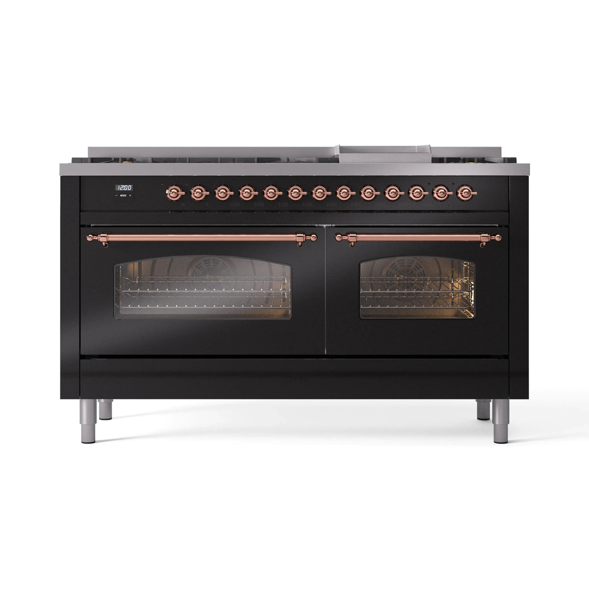 Glossy black dual fuel gas range with copper handles and two glass-front ovens
