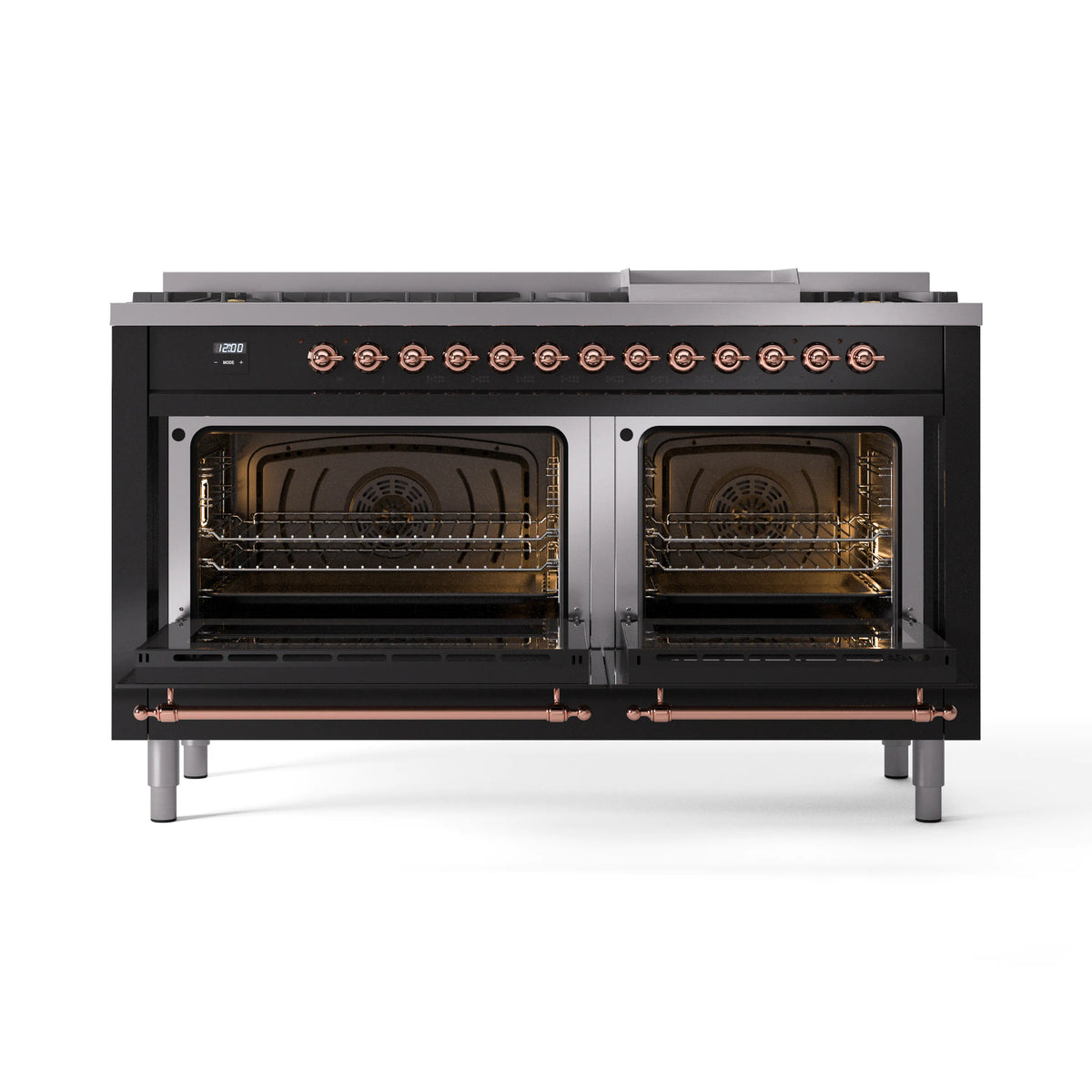 Glossy black dual fuel gas range with open dual ovens and copper interior trim