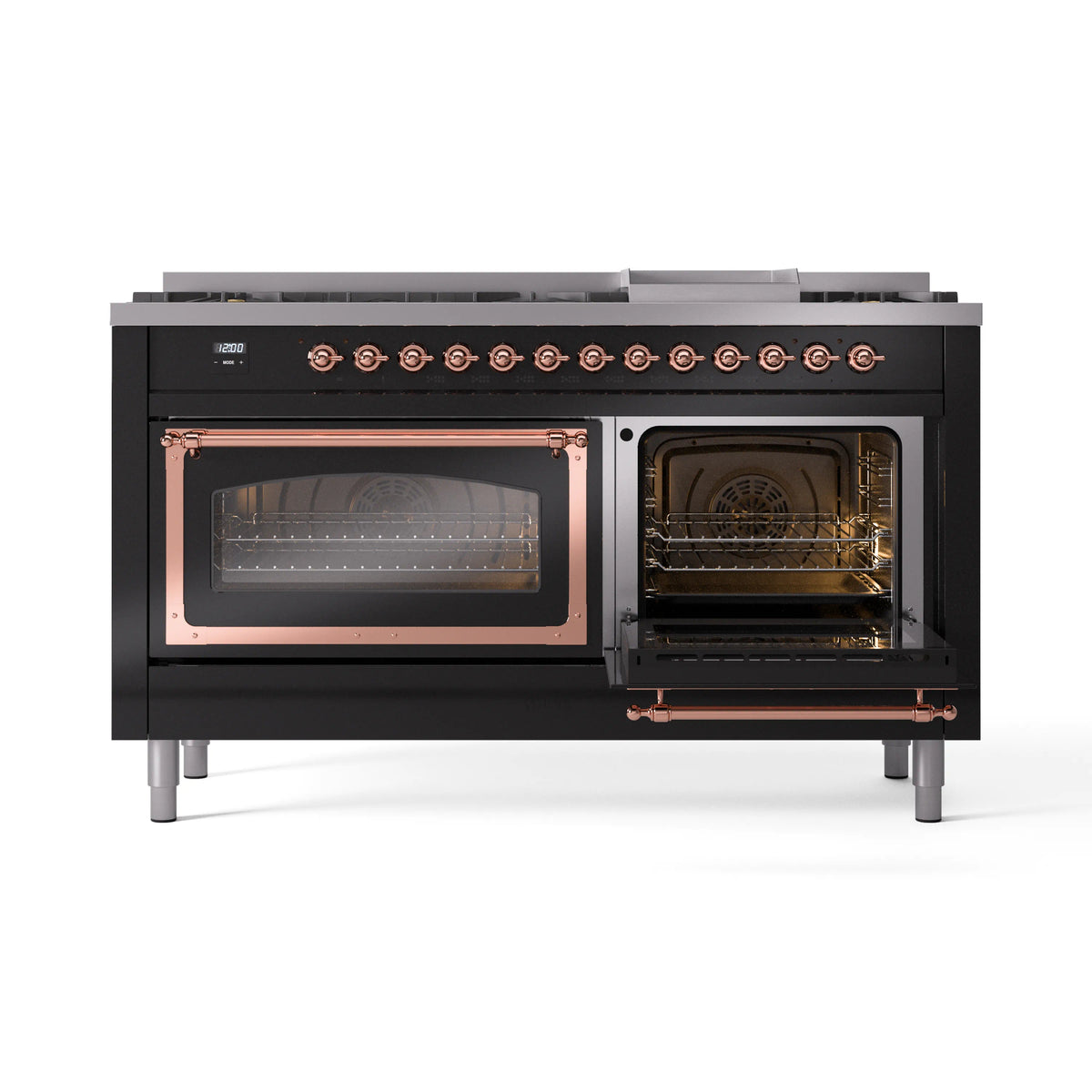 ILVE dual fuel range with right oven door open; glossy black and copper-trim frame