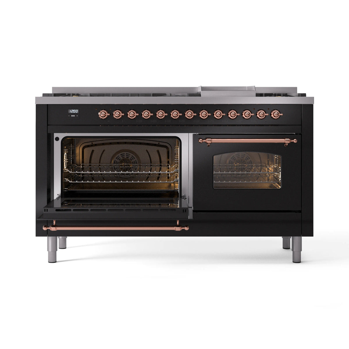 Glossy black dual fuel range with copper trim and open ovens showing racks and fan.