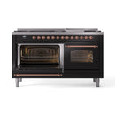 ILVE 60-Inch Nostalgie II Propane Gas Dual Fuel Range with 9 Burners, Griddle and Triple Glass Door Oven in Glossy Black with Copper Trim (UP60FNMPBKPLP)