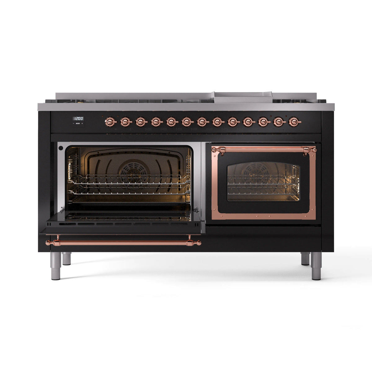 ILVE dual fuel range with left oven door open; glossy black oven interior and copper trim