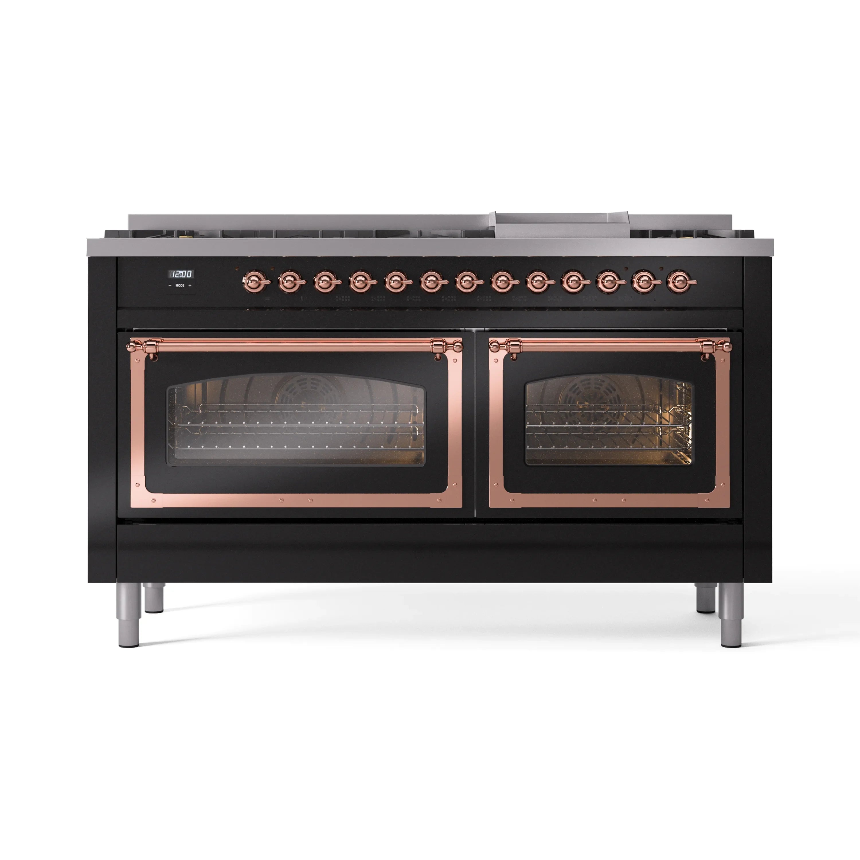 Black dual fuel range with copper-trimmed double oven doors and front control knobs